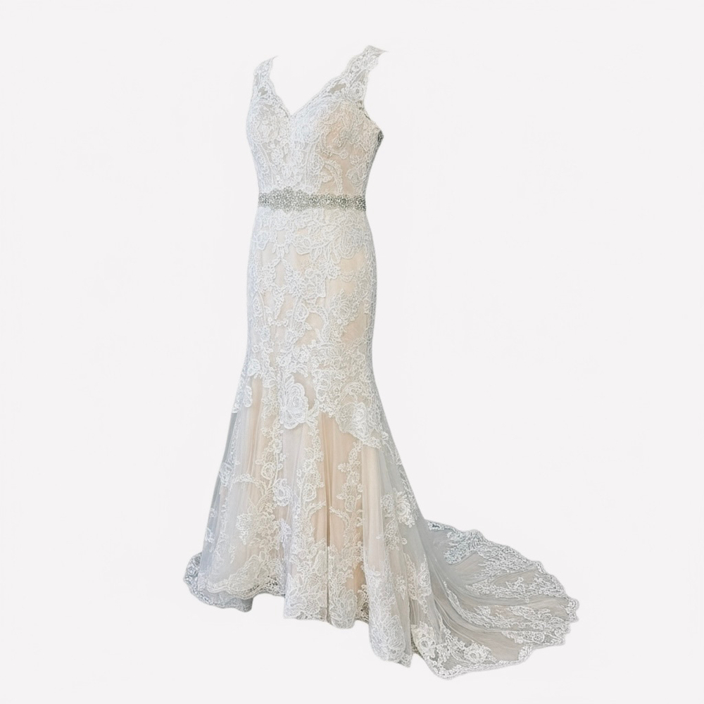 Jjs House Elegant Mermaid Wedding Dress, White Lace With Beaded Belt, Size 6, Ch